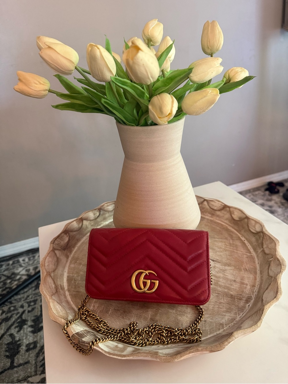 Gucci red quilted GG chain crossbody wallet